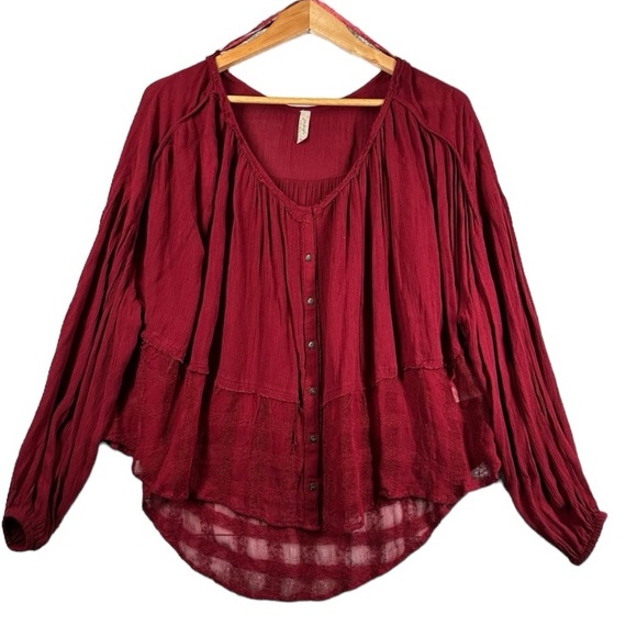 Free People Cranberry Crochet Lace Raw Edge Swing Blouse Top - Picture 5 of 11